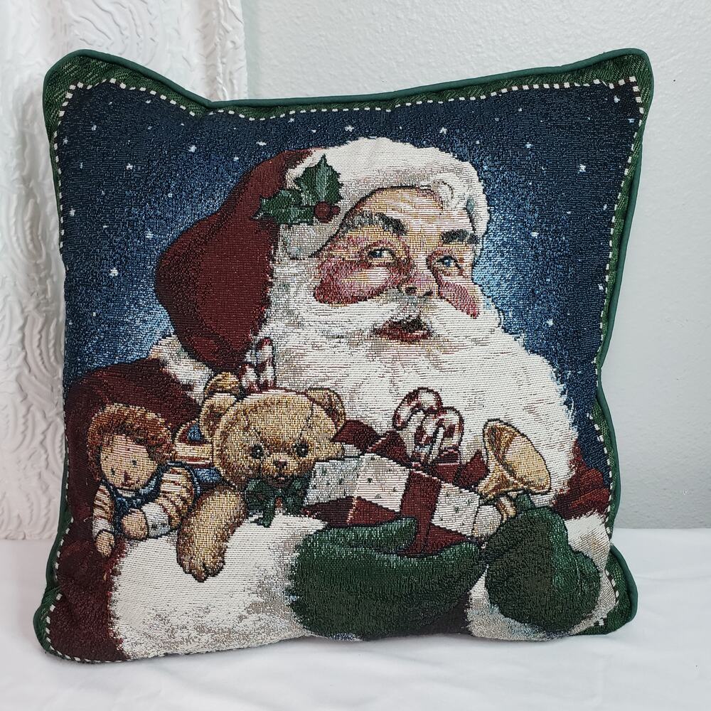 Christmas Tapestry Square Throw Pillow 16x16 Needlework Santa‎ Decor Holiday